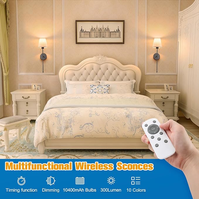 Battery Operated Wall Sconce Set of 2,Beige-Black Rechargeable Wall Lights with 10400mAh Dimmable Bulbs and Remote, 9 Colors Wireless Wall Lamps for Bedroom Living Room Hallway