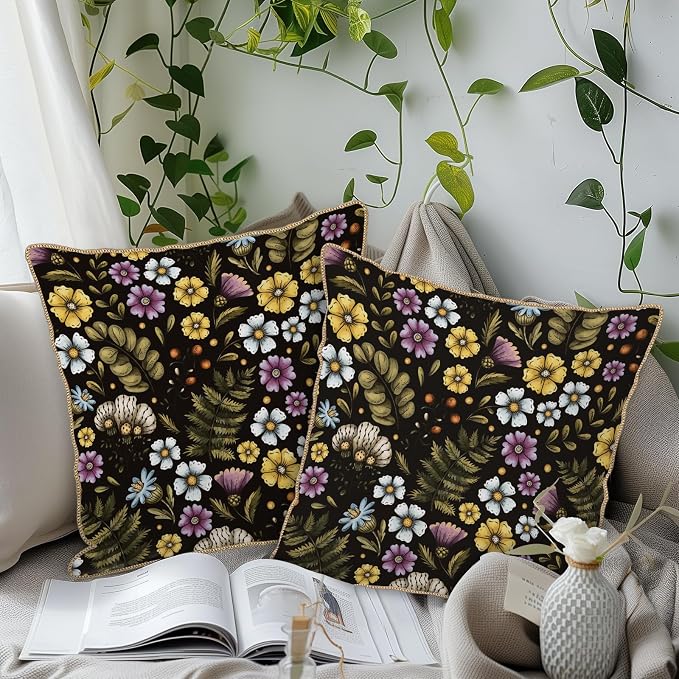 Blue Yellow Purple Floral Soft Velvet Throw Pillow Covers Set of 2 Plant Botanical Flowers Decorative Pillow Covers 20x20 In Vintage Black Pillow Case For Sofa Couch Living Room Farmhouse Home Decor