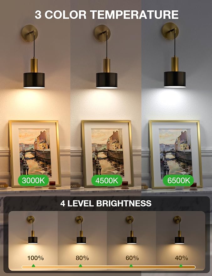 Battery Operated Wall Sconce Set of 2, Gold & Black Wireless Rechargeable Wall Lights with 5200mAh Dimmable Detachable Bulbs and Remote, 9 Colors Sconces Wall Decor for Bedroom Living Room