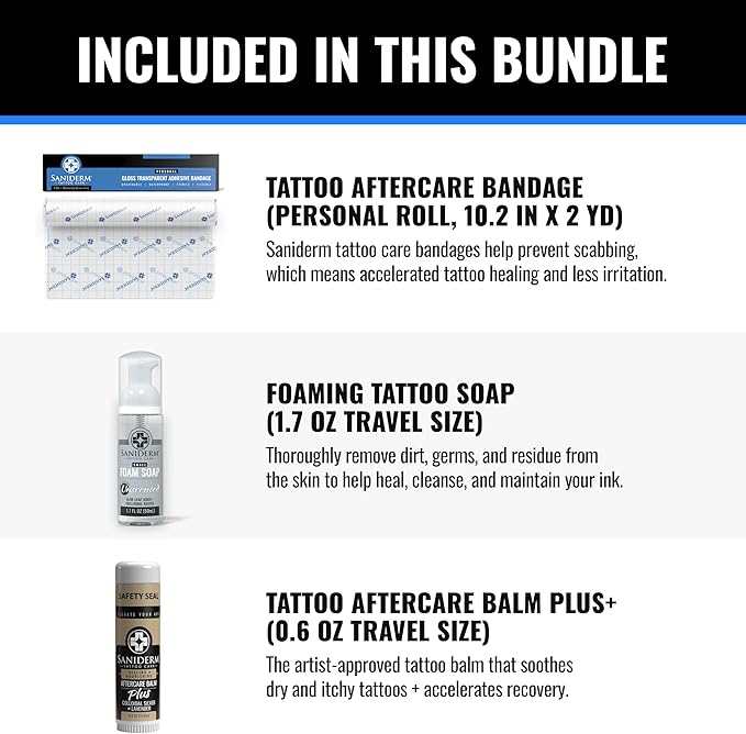 Saniderm Tattoo Recovery Bundle (3 items) – Aftercare Bandage Roll (10.2 in x 2 yd) + Foaming Soap (1.7oz) + Aftercare Balm PLUS+ (0.6 oz)