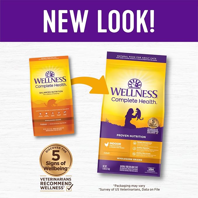 Wellness Complete Health Adult Dry Cat Food for Indoor Cats, Natural, Wholesome Grains Kibble, Chicken Recipe, 5 lb Bag