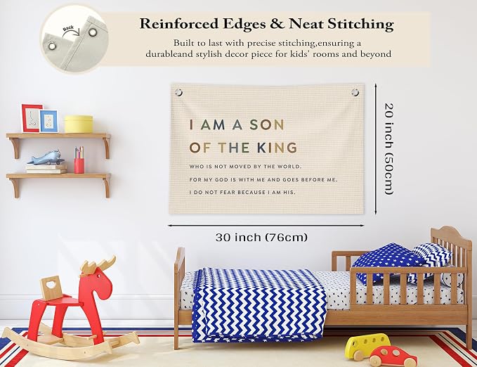 Christian Nursery Decor, Boy Nursery Wall Art, I Am a Son of the King Canvas Banner Wall Decor for Kids Boys Room Bedroom Playroom, 30x20 in