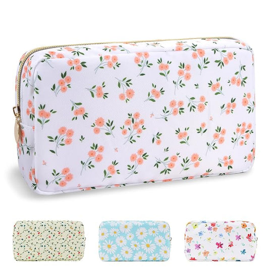 Waterproof Small Floral Makeup Bag Pouch for Purse,Nylon Flower Cosmetic Bag Preppy Travel Toiletry Storage Bag for Women Girl,Cute Makeup Organizer Bag Skincare Bag with Zipper(Small White-Flowers)
