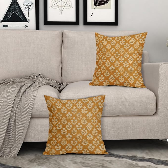 Mustard Yellow Floral Block Print Pillow Covers 20x20 Inch Set of 2, Vintage Flower Pattern Decorative Throw Pillowcases Outdoor Farmhouse Cushion Covers Spring Summer Rustic Sofa Couch Bed Decor