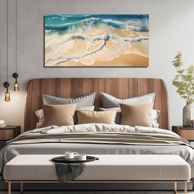 DNIEOTU Beach Canvas Wall Art for Living Room, Ocean Waves Wall-Decor for Bedroom, Landscape Picture Prints for Hallway Office, Size 47 x 24 Inches