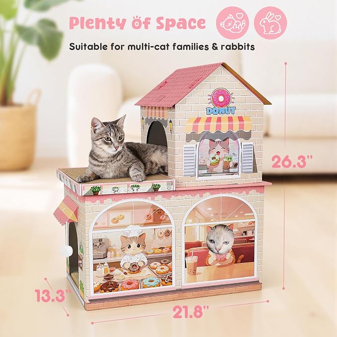 Cardboard Cat Houses for Indoor Cats Kitten Scratcher Houses Donuts Themed | Cat Condos Hut Hideout Play House Bed with Scratching Pads, Scratch Box for Large Kitty Rabbit Bunny Small Animals