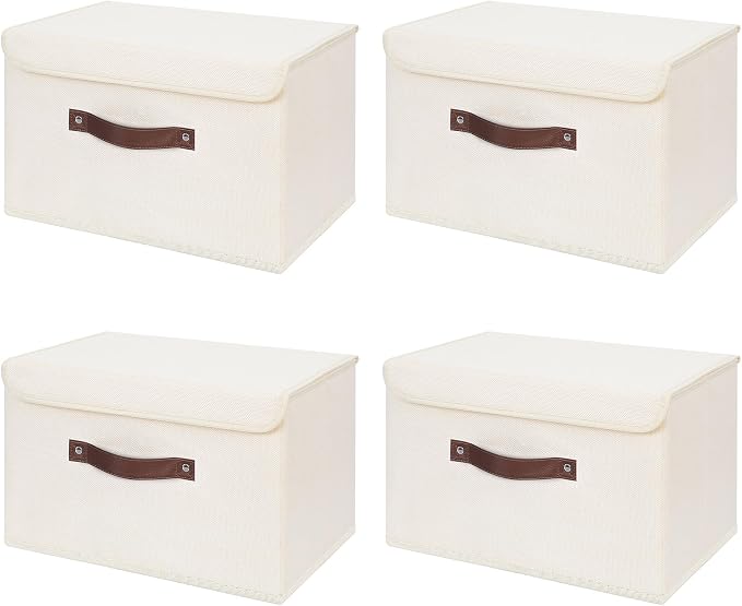 ANMINY Fabric Storage Box Bins with Lids, Beige, 13"x9"x7.9", 4 Pack | Keepsake Memory Storage, Cotton Linen, PP Board Reinforced, Washable, PU Handles, Foldable & Stackable, Decorative, Medium