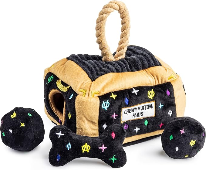 Haute Diggity Dog Chewy Vuiton Trunk Puzzle with 3 Plush Squeaky Dog Toys