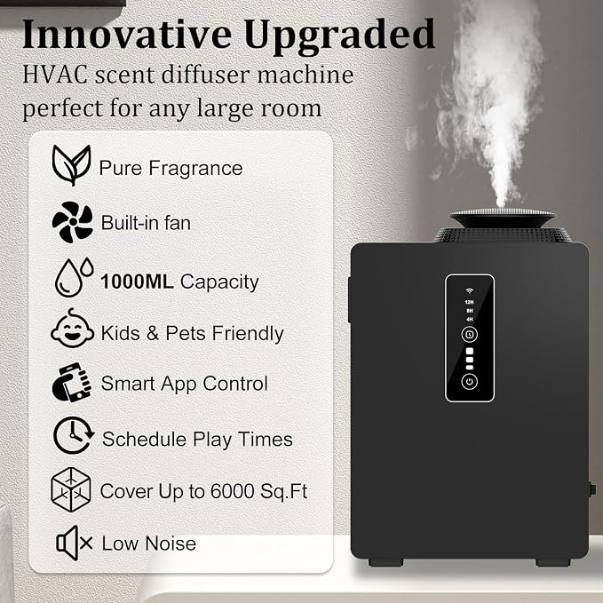 2026 Upgraded 1000ML HVAC Scent Diffuser Machine Kit, Includes 2 Premium Oils, Coverage 6000 Sq.Ft, APP WiFi Control, Waterless Cold Air Aromatherapy Essential Oil Hotel Scent Diffuser for Large Room