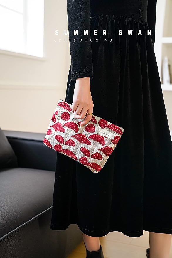 Summer Swan Mid-day Clutch - Floral Makeup Bag | Period Kit & Hygiene Bag - Cute Mushroom Red