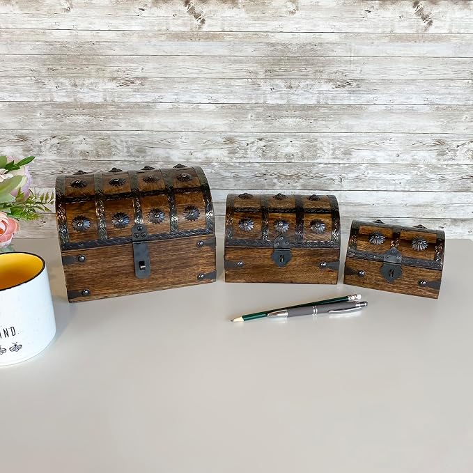 Treasure Chest Keepsake and Decorative Wood Box (Large 8x6x6) - Storage Box, Wooden Box with Hinged Lid, Rustic Storage, Pirate Storage Box, Vintage Wooden Chest