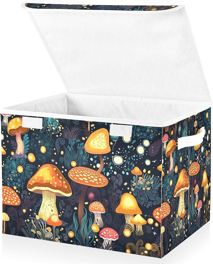 Mushrooms Storage Bins with Lids and Carrying Handle,Foldable Storage Boxes Organizer Containers Baskets Cube with Cover for Home Bedroom Closet Office