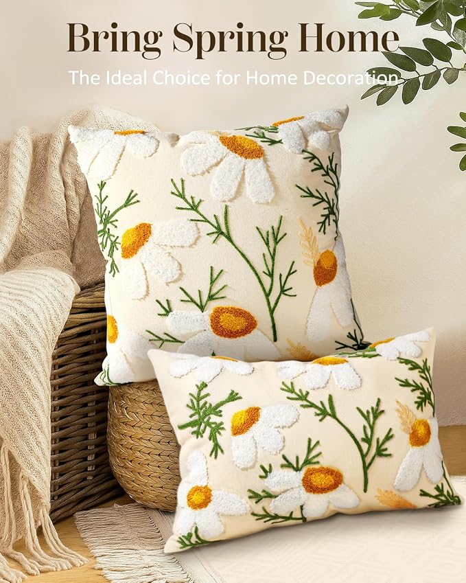 Embroidered Throw Pillow Cover - 20x20 Decorative Pillow Cover with Zipper Aesthetic Cute Design Boho Spring Summer Cozy Throw Pillowcase for Living Room Couch Sofa Bed, Daisy