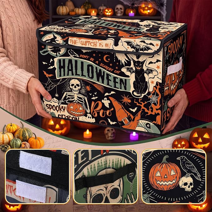 Briwooody Halloween Storage Bin with Lid and Carrying Handle Vintage Halloween Gothic Pumpkin Foldable Storage Box Large Bat Cat Decorative Collapsible Container Basket for Closet Home Bedroom Gift