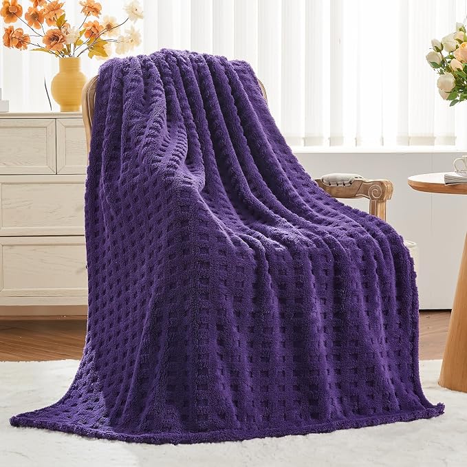 NEWCOSPLAY 3D Waffle Checkered Flannel Throw Blanket, Dark Purple, 50"x70" | Super Soft Cute Lightweight Decorative Premium Silky Fleece Blanket for Couch Sofa Bed, Gift for Women Men, All Season Use