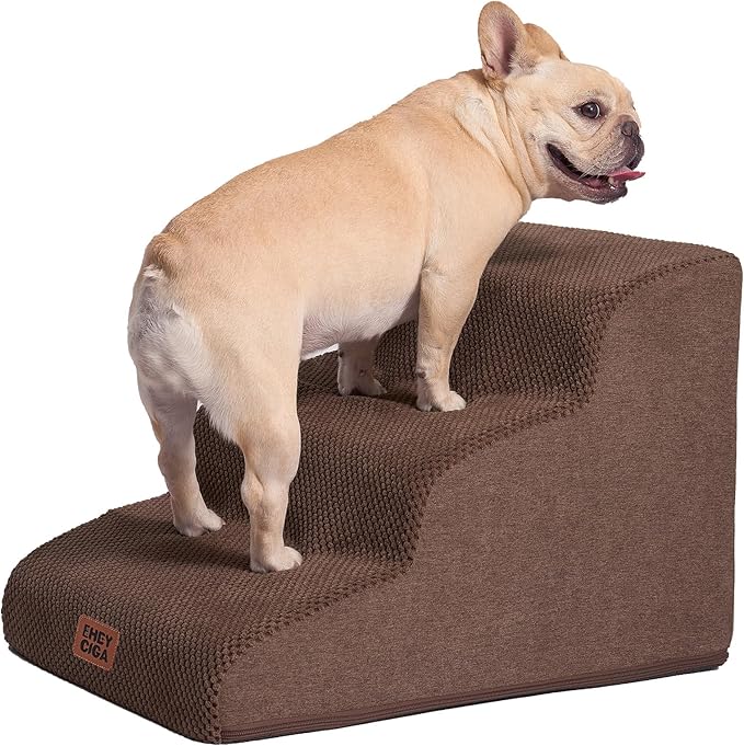 EHEYCIGA Curved Dog Stairs Ramp, 3-Step Dog Steps, 15.7" H Pet Step | 33D density of pure foam, for Small Dogs and Cats, Pet Stairs for High Bed Climbing, Non-Slip Balanced Indoor, Brown