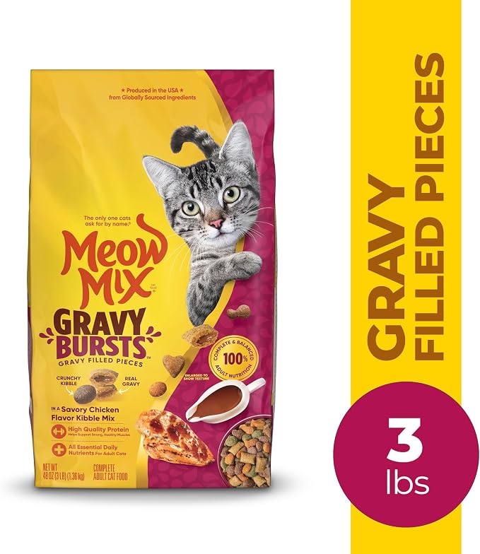 Meow Mix Gravy Bursts, Savory Chicken Flavor Mix, Gravy Filled Dry Cat Food, 3 lb. Bag (Pack of 2)