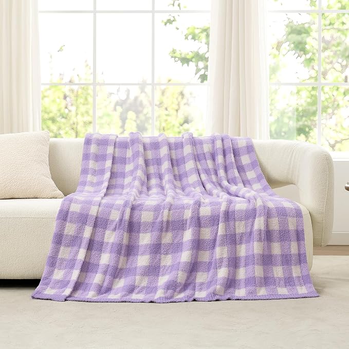 Snuggle Sac Checkered Throw Blanket for Couch, Super Soft Cozy Warm Knit Netural Decorative Fluffy Blankets, Reversible Buffalo Plaid Microfiber Throws for Sofa Bed, Plaid Purple, 50x60 Inches