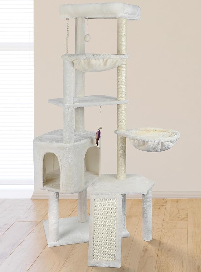 Wang Xin Four Layer Big Cat Tree with Huge Cat Condo and Two Hammocks Scratch Pad,Beige