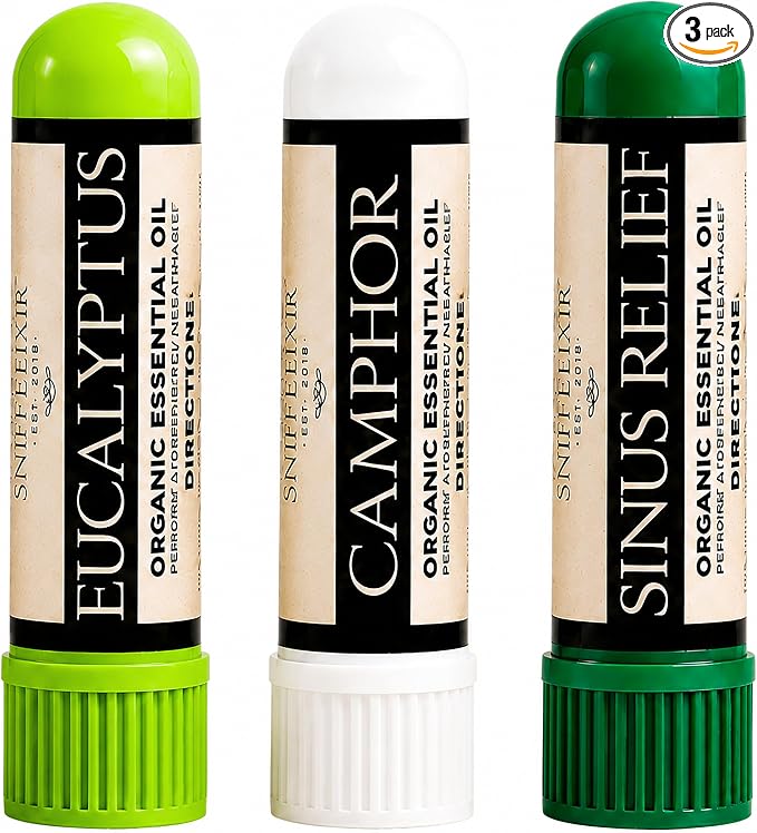 Sinus & Allergy Relief Essential Oil Aromatherapy Nasal Stick Vapor Inhaler - Breathe Free 3-Pack, Stuffy Nose, Mucus & Chest Congestion, Made with Organic Essential Oils