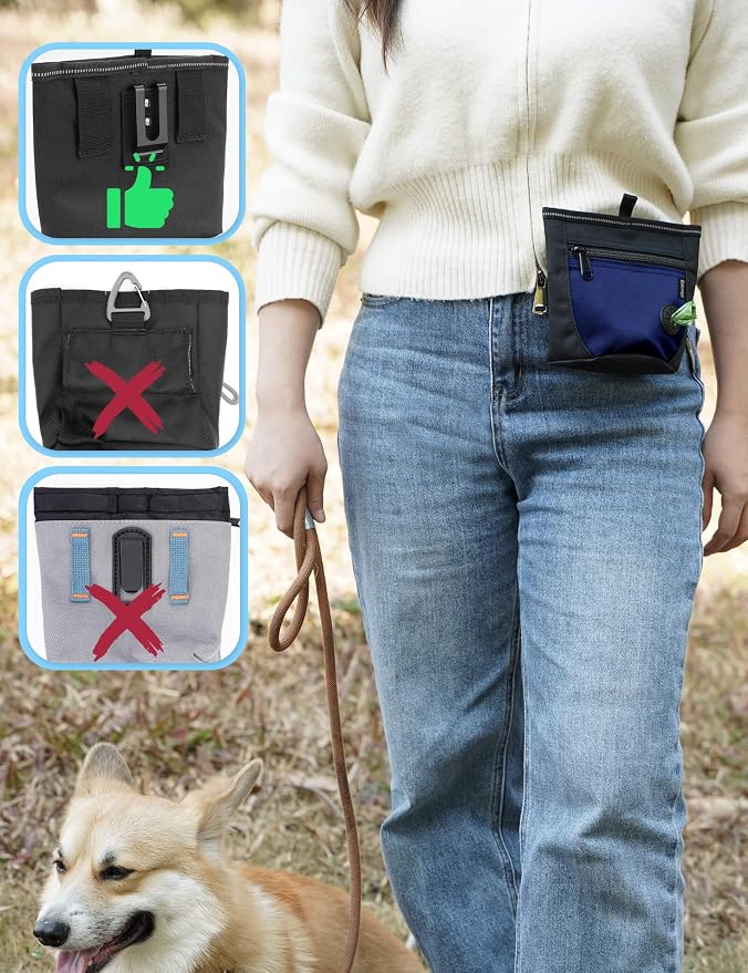 Gobeigo 2 Cup Dog Treat Pouch with Training Clicker(Black/Blue) | 2 Pair Magnetic Closures, Zipper Pocket with Poop Bag Holder, Waist Belt & Metal Clip to Wear for Pet Training/Daily Walking