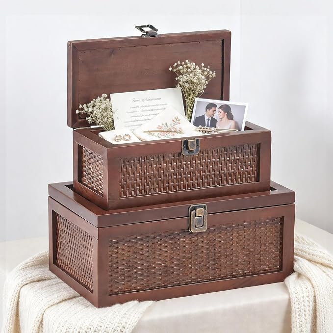 Decorative Box, Vintage Memory Box for keepsakes, Rattan Decorative Storage Boxes with Lids Set of 2, Wedding Keepsake Box for Crafts, trinket and Photo, Home Decor
