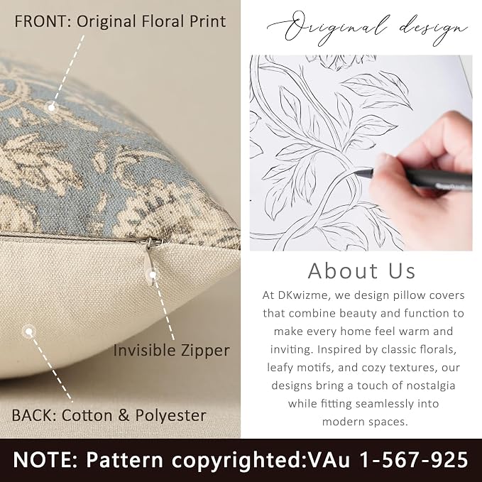 Vintage Floral Print Throw Pillow Covers 26x26 Set of 2 Neutral Modern Farmhouse Pillowcases Accent Decorative Cushion Covers Boho Home Decor for Couch Sofa Chair Bed Living Room, Sky Blue
