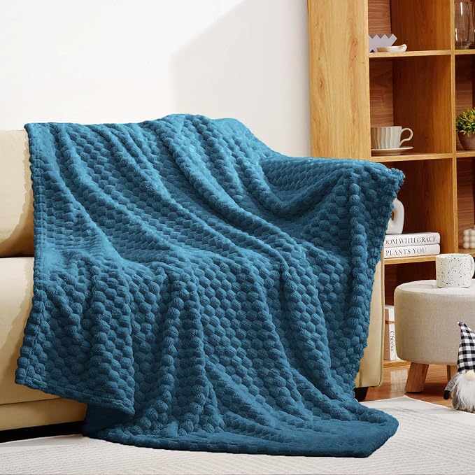 Excervent Hexagon Jacquard Throw Blanket for Bed, 50x70 Inches, Navy Blue | Decorative Fuzzy Flannel Fleece Throw Blanket for Sofa Bed Couch, Super Soft Cozy, Suitable for All Seasons
