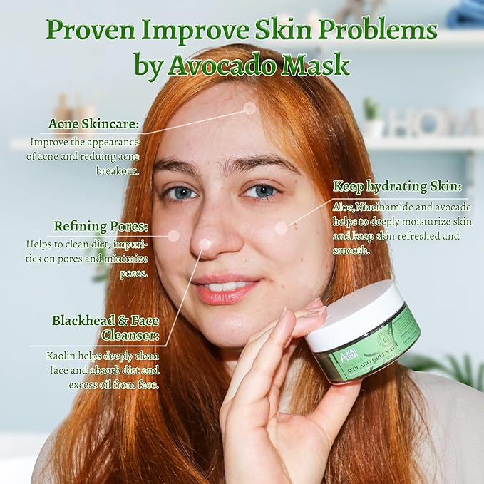 ANAI RUI Green Tea Face Mask with Avocado, Clay Facial Mask for Acne, Mud Mask for Face and Body, Face Cleansing Mask, Hydrating, Nourishing, Soothing, 120g/4.23 oz
