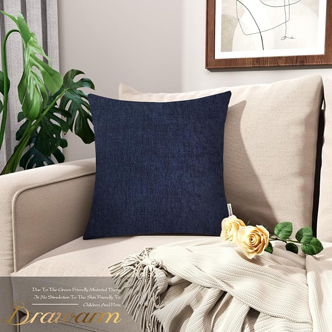 BRAWARM Throw Pillow Covers 20x20 Inches - Navy Blue Chenille Pillow Covers Pack of 2, Solid Dyed Soft Chenille Pillow Cases for Couch Sofa Bed Home Decoration