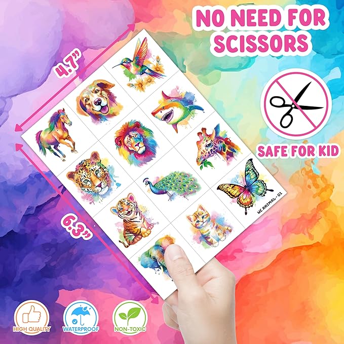 96 PCS Watercolor Animal Pre-Cut Temporary Tattoos for Kids | Super Cute Themed Birthday Party Favors, Supplies, Decorations, Animal Fake Tattoo Stickers, School Rewards Prizes & Gifts Boys & Girls