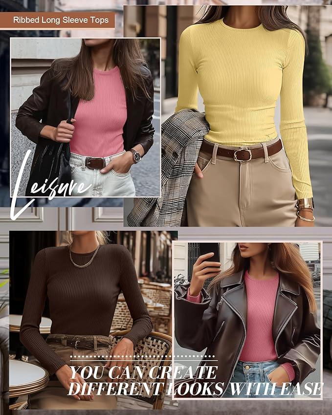 Ficerd 3 Pack Women's Ribbed Long Sleeve Tops, Crew Neck Slim Fit Undershirts Knit Basic Casual Stretch Layering Tee Shirts