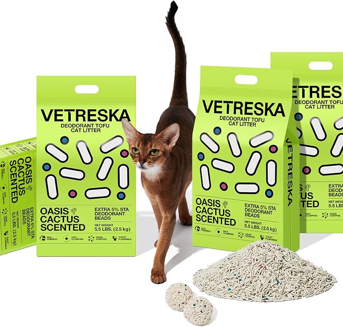 VETRESKA Tofu Cat Litter, Odor Control, Cactus 5.5lb×4bags | Natural Kitty Litter Strong Clumping Flushable Cat Litter Pellet Ultra Absorbent,Dust-Free,Low Tracking Deodorant Tofu Litter