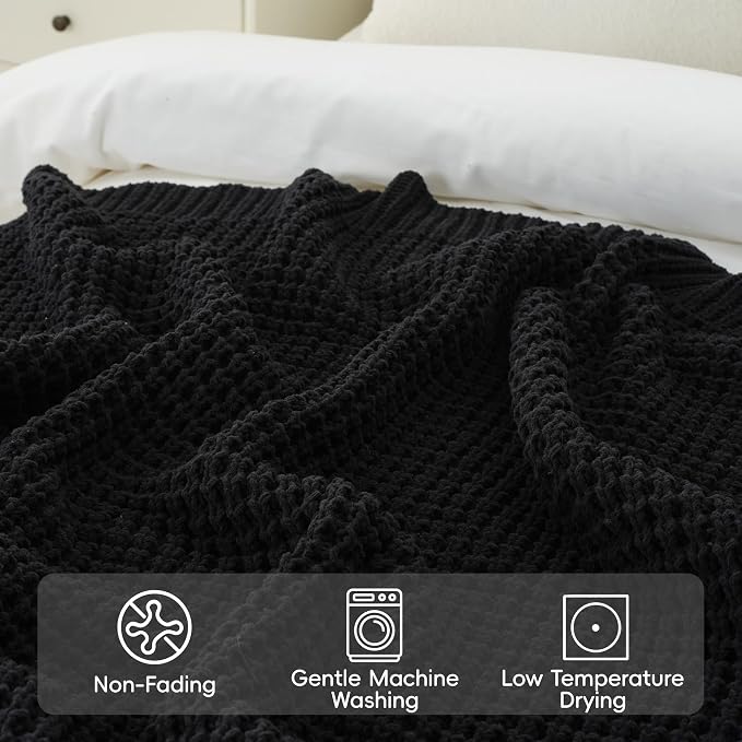 Waffle Knit Throw Blanket, Black Chenille Throw Blanket for Couch 50"x60" | Cozy Stylish Chunky Knitted Blanket, Ideal for Bed Sofa Men Home Decor,Modern Farmhouse Waffle Knit Texture