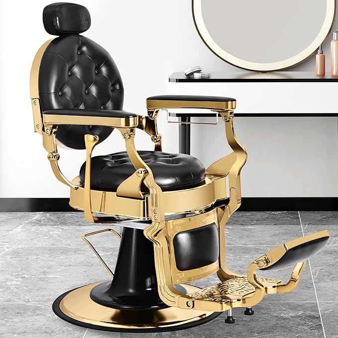 Vintage Barber Chair, Heavy Duty Recline Hair Barber Chair for Barbershop with Removable Headrest, Supports up to 550lbs & 360° Swivel, Professional Salon Beauty Spa Shampoo Equipment, Black Gold