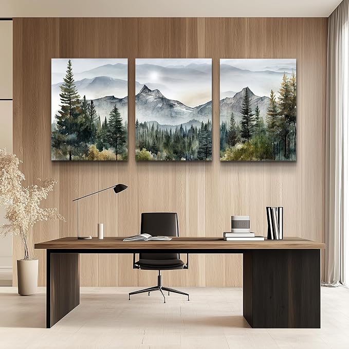 MHARTK66 Large Size Wall Art for Living Room Modern Wall Decor for Bedroom Office Decor Abstract Mountain Forest Landscapes Ink Painting 3 Piece Framed Canvas Art Prints Ready to Hang Wall Pictures