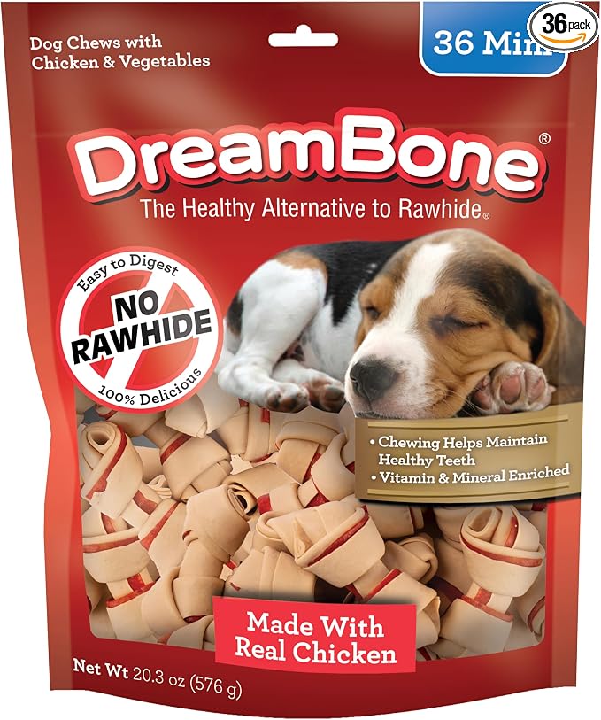 DreamBone Mini Bone Rawhide-Free Dog Treats With Real Protein, 36 Count | Daily Chew, Digests Safely and Completely, Made With Real Chicken and Veggies, For Adult Dogs