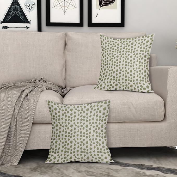 Sage Green Cream Polka Dot Pillow Covers 24x24 Set of 2 Outdoor Modern Art Throw Pillows Boho Design Brush Strokes Decorative Pillowcase Square Cushion Cover Linen Pillow Case for Home Sofa Couch Bed