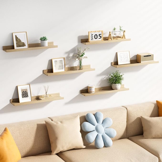 upsimples Floating Shelves for Wall Decor Storage, Natural, 6Pcs, 23.6'' | Wall Mounted Wood Shelves for Living Room, Bedroom, Bathroom, Kitchen, Office, Nursery Room, Coffee Bar Display and Organize