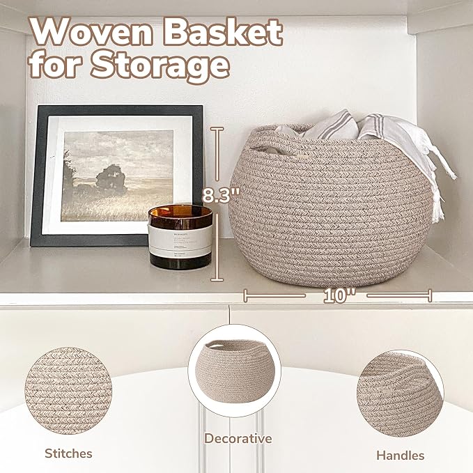 Goodpick Round Woven Rope Storage Basket for Shelves, 10" x 8.3", Jute | Small Baby Basket with Handles, Decorative Gift Basket, Fits Living Room Nursery Toys & Towels Storage, Plant Baskets Indoor