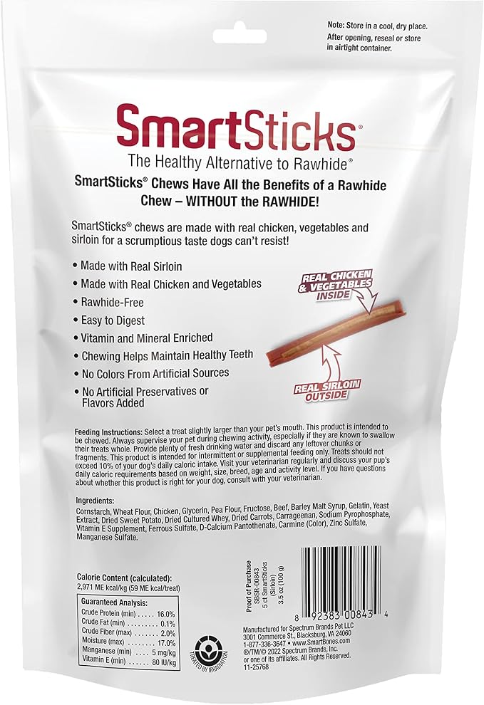 SmartBones SmartSticks Rawhide-Free Dog Treats, Real Sirloin, 5 Count | With Real Chicken & Sirloin, Easy To Digest Chew, No Artificial Preservatives or Flavors, For Adult Dogs
