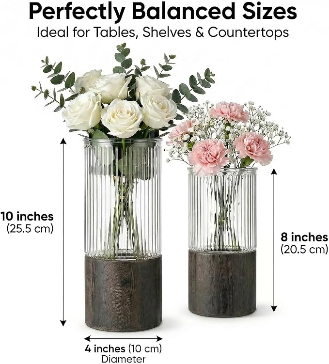 Ribbed Glass Flower Vase Set of 2 with Dark Wood Bases, 10 and 8 Inch Tall | Removable Glass Pieces, Wide-Opening Cylinder Vases for Bouquets, Fresh, Dried, Faux Stems, and Console, Shelf, Mantel Decor