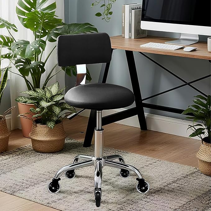 Rolling Stool Chair with Wheels, Height Adjustable Stool with Back Support, Heavy Duty Rolling Shop Chair with PU Leather Seat Cushion for Salon Spa Massage Kitchen Vanity Garage Tattoo Dentist(Black)