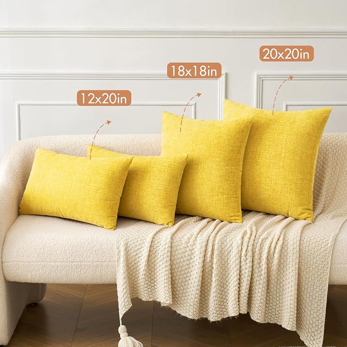 MIULEE Soft Chenille Throw Pillow Covers Yellow 20x20 Inch Pack of 2 | Modern Home Decor, Classic Decorative Pillows, Solid Dyed Cases, Boho Couch Cushion Covers for Sofa Bed Living Room