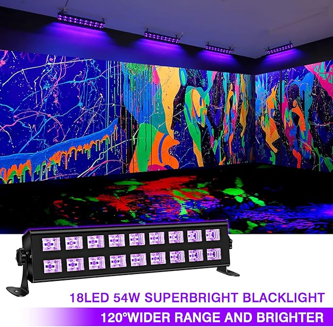 Black Light Bar Glow Party - 54W 18LEDs Powerful UV Black Light Glow in The Dark Party Supplies for Blacklights Party Body Paint Birthday Music Dance Nightclub Halloween Christmas Stage Lighting