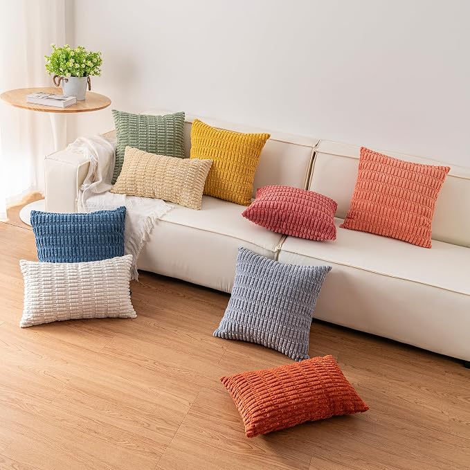 Pack of 2 Corduroy Decorative Throw Pillow Covers 18x18 Inch, Apricot | Fall Soft Striped Pillow Covers Modern Farmhouse Home Decor Christmas Throw Pillow Covers for Sofa Living Room Couch Bed