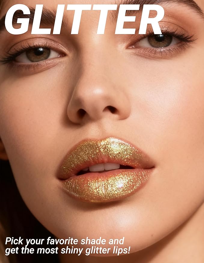 Erinde Glitter Shimmer Lip Gloss, Hydrating High-Shine Glimmer Finish & Sheer Wash Of Color Lip Oil, Non-Sticky, Moisturizing Lip Makeup, Bling Sparkle Lip Gloss Lipstick, Vegan & Cruelty-Free, 03