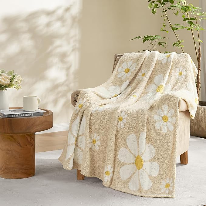 Snuggle Sac Flower Throw Blanket for Couch, Fuzzy Microfiber Floral Blankets, Cute Throws for Girls Daughter Gifts, Flower Beige, 50x60 inches