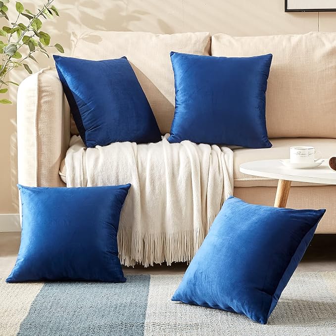 Velvet Decorative Throw Pillow Covers, Soft Square Cushion Case Home Decor for Living Room Couch Bed Sofa, Set of 2 Pack, Navy Blue, 18x18 Inch