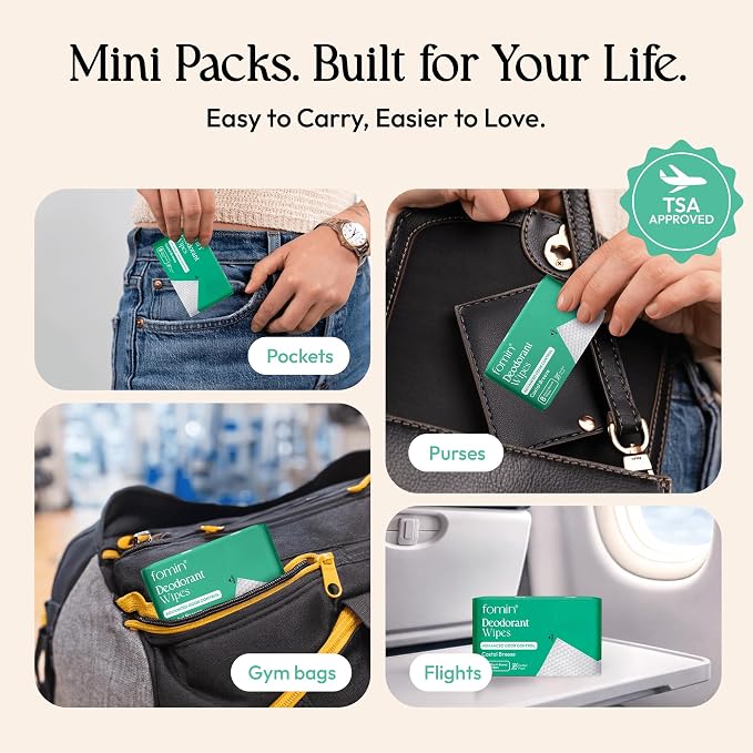 FOMIN Acidified Travel Deodorant Mini Wipes For Women & Men- Costal Breeze - 144 Count - pH Balanced, Biodegradeable Mini Deodorant Travel Size Wipes - Plastic-Free, Underarm Body Wipes